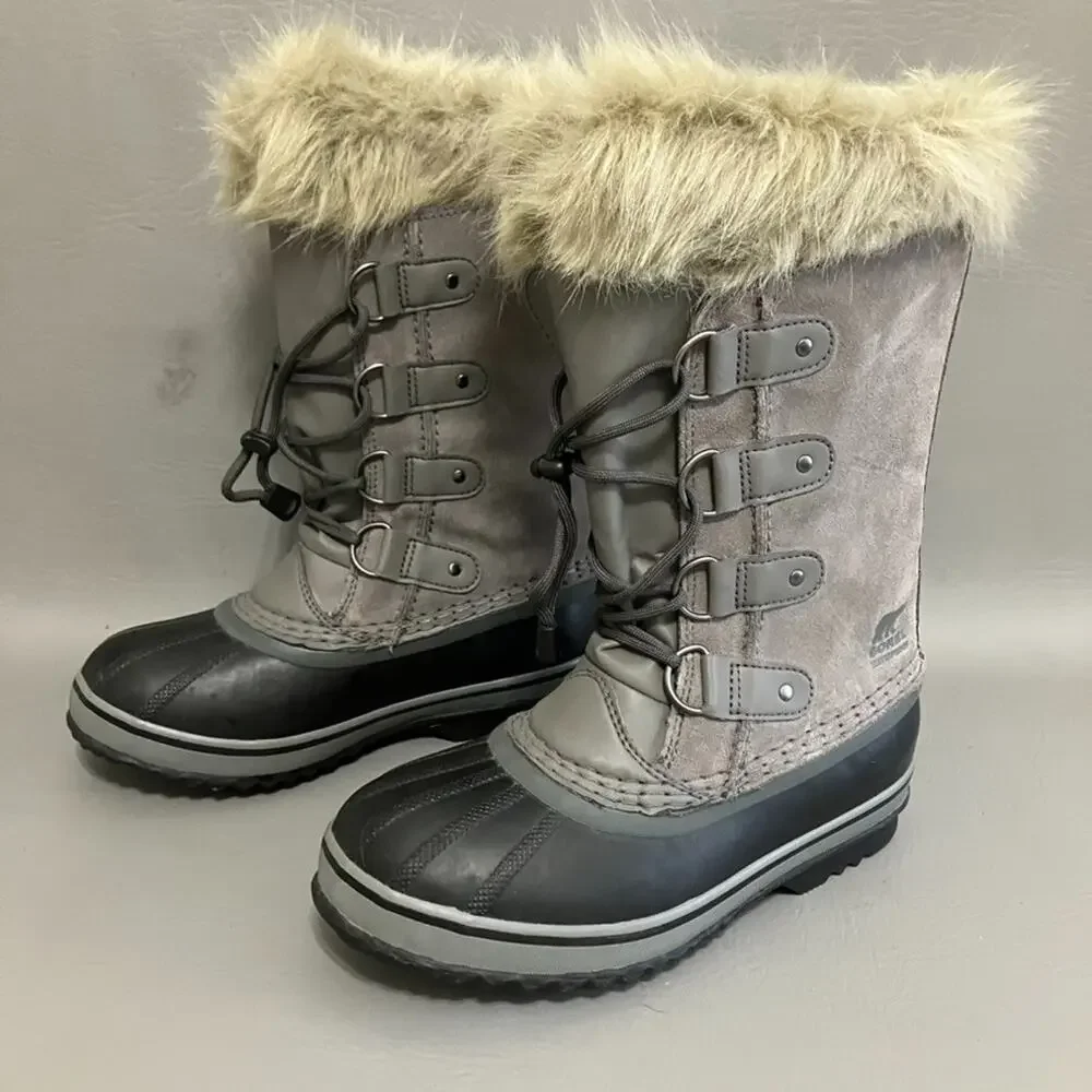 SOREL Joan of Arctic Youth Size 4 Gray Waterproof Suede Faux Fur Snow Boots